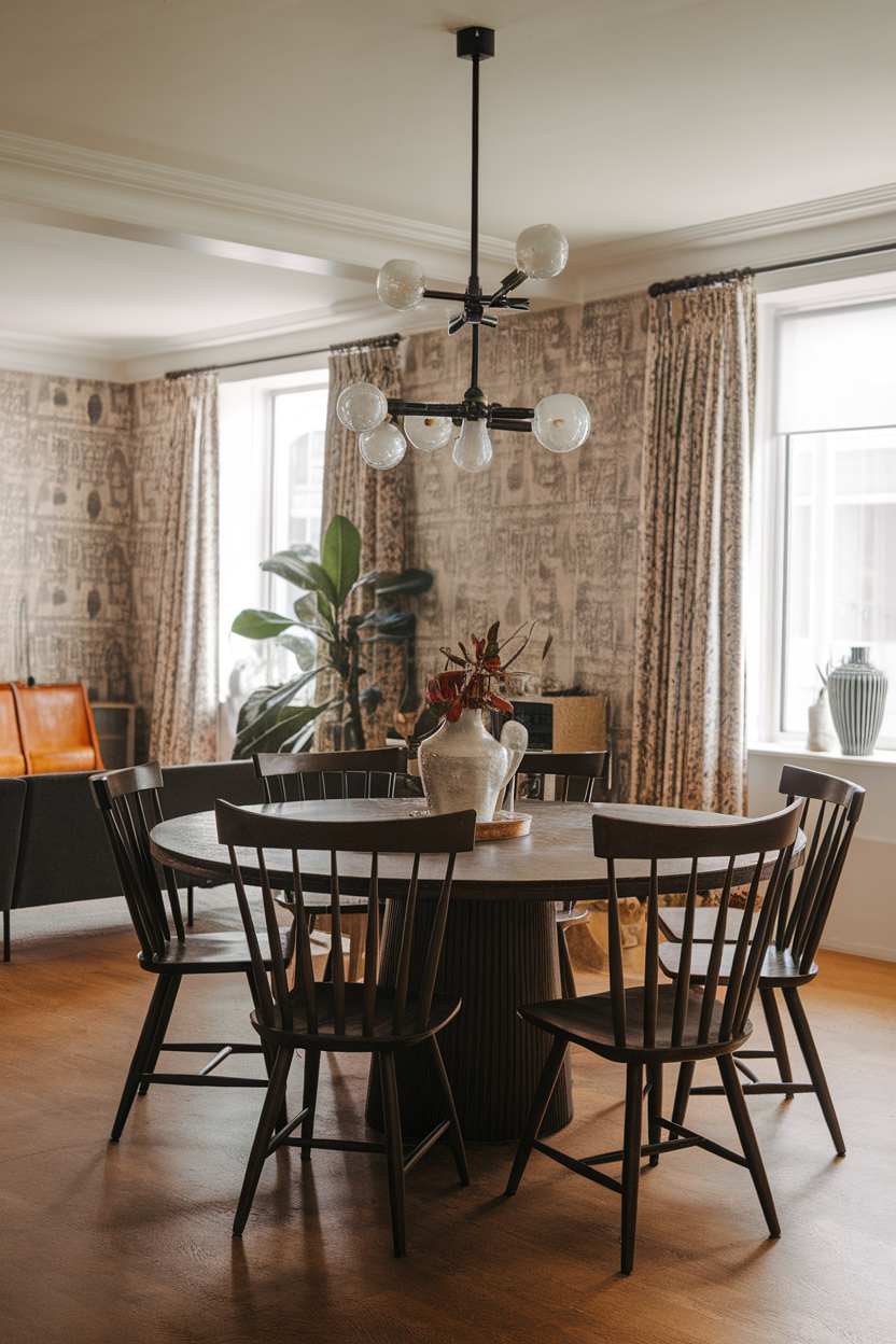 A dining area featuring a round table with wooden chairs and a modern chandelier
