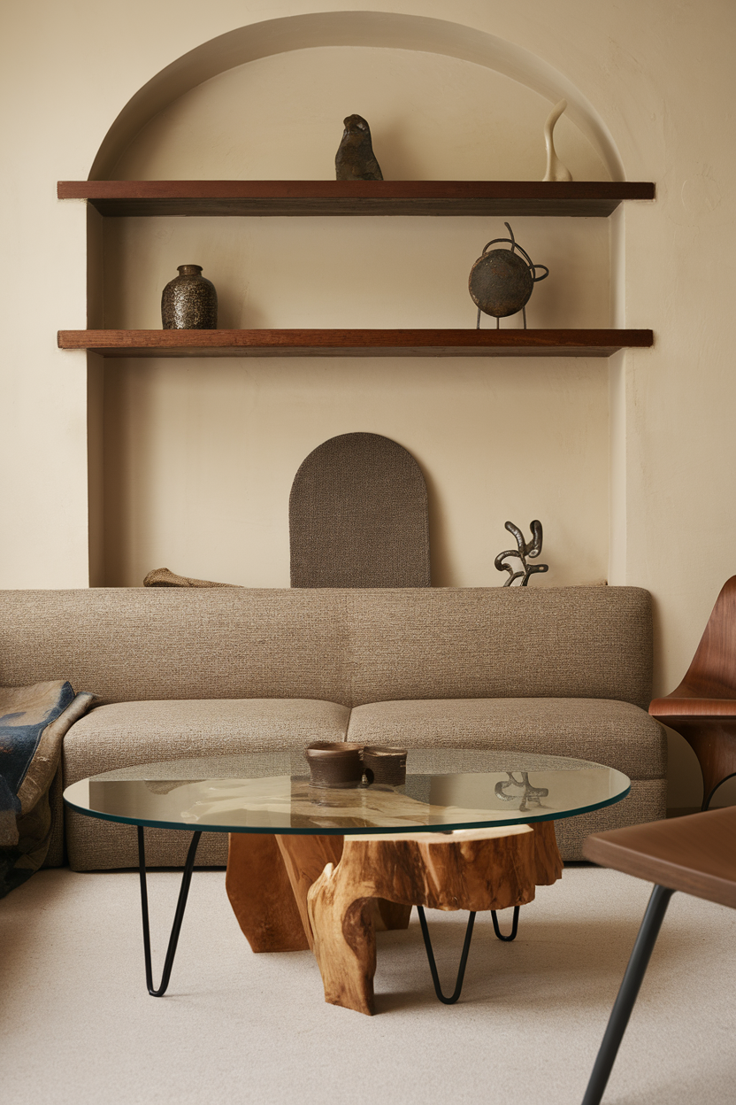 A cozy living area featuring a wooden coffee table with a glass top, a textured sofa, and artistic decor on shelves.