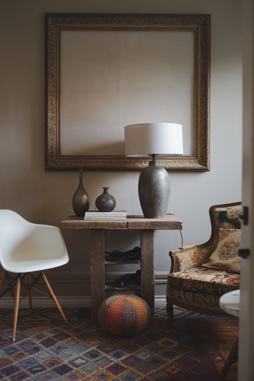 A small living room featuring a rustic wooden table, modern white chair, decorative vases, and an ornate lamp.