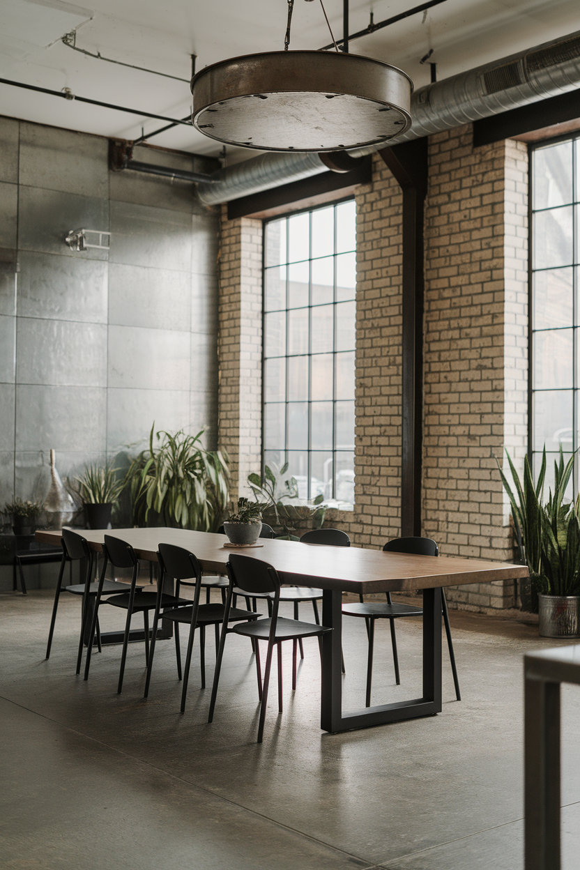 A modern industrial style dining area with a wooden table and black chairs, surrounded by greenery and large windows.