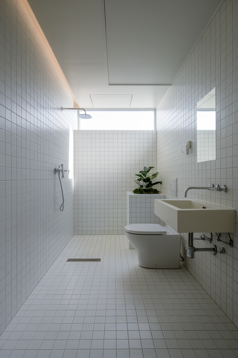 A minimalist bathroom with white tiled walls, a simple sink, and a plant for a touch of greenery.
