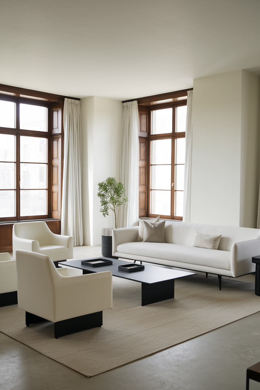 A modern living room featuring minimalist furniture with white armchairs, a light gray sofa, and a black coffee table.