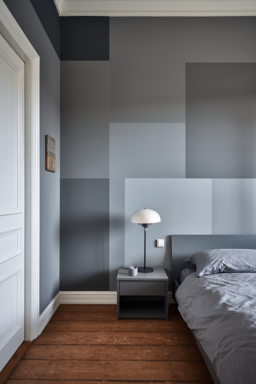 A bedroom with a monochromatic gray wall design featuring different shades of gray.
