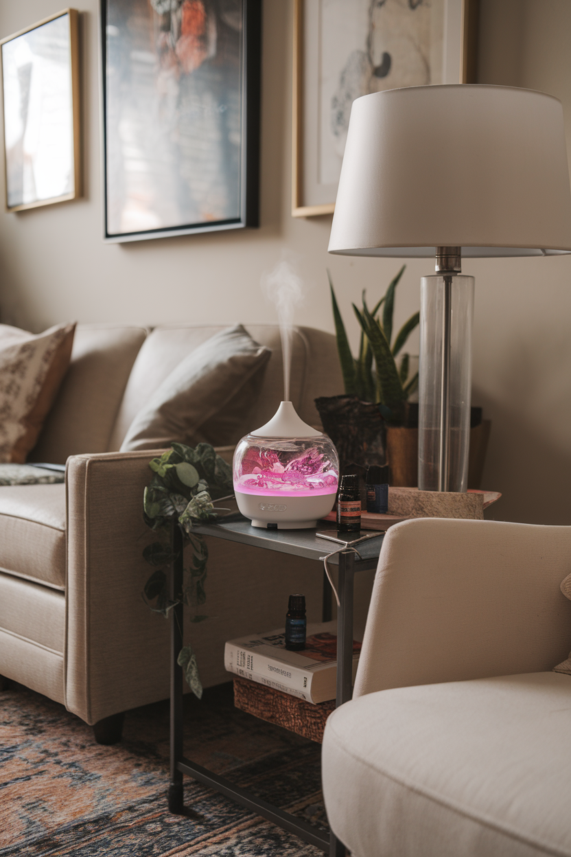 A cozy sitting room featuring a diffuser, plants, and decorative pillows.