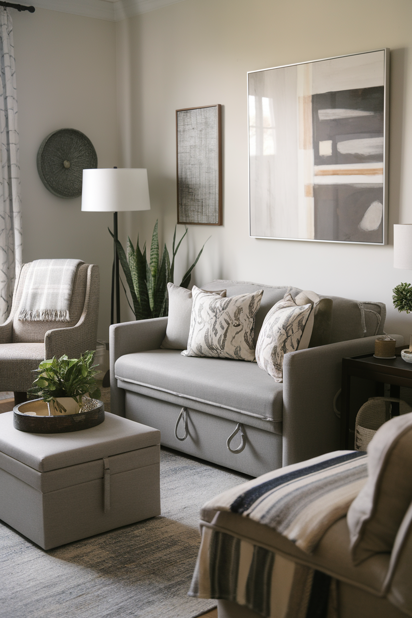 A cozy living room featuring a multi-functional sofa, storage ottoman, and stylish decor.