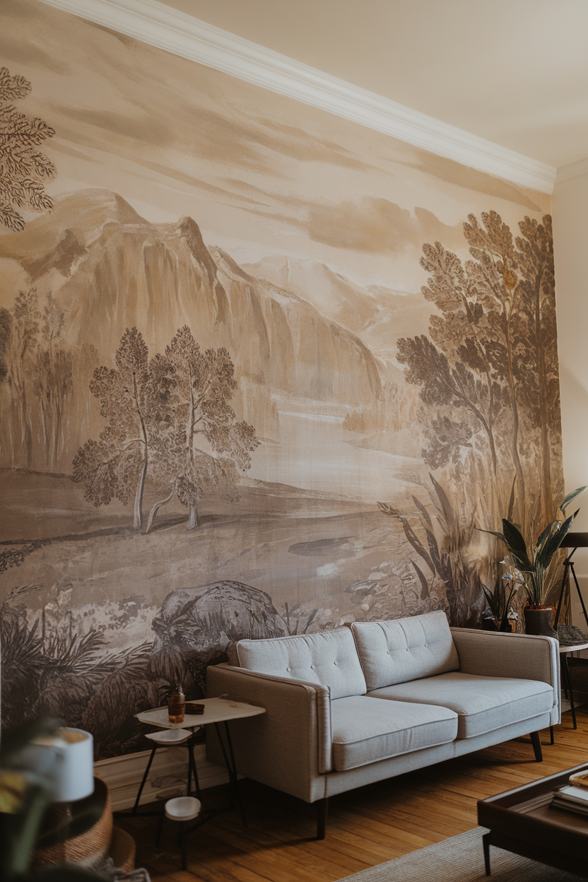 Living room with a large mural depicting a serene landscape, featuring trees and mountains.