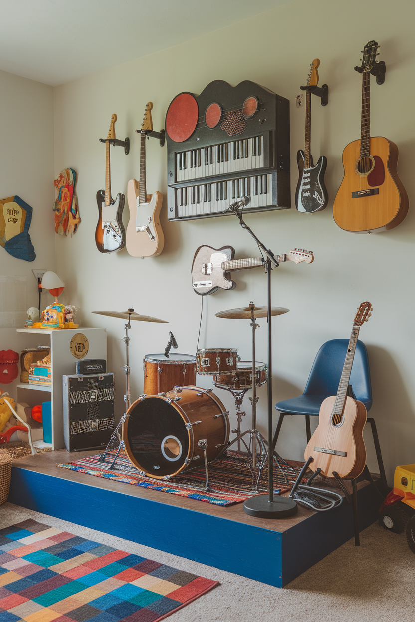A colorful kids room featuring musical instruments on display, including guitars and a keyboard.