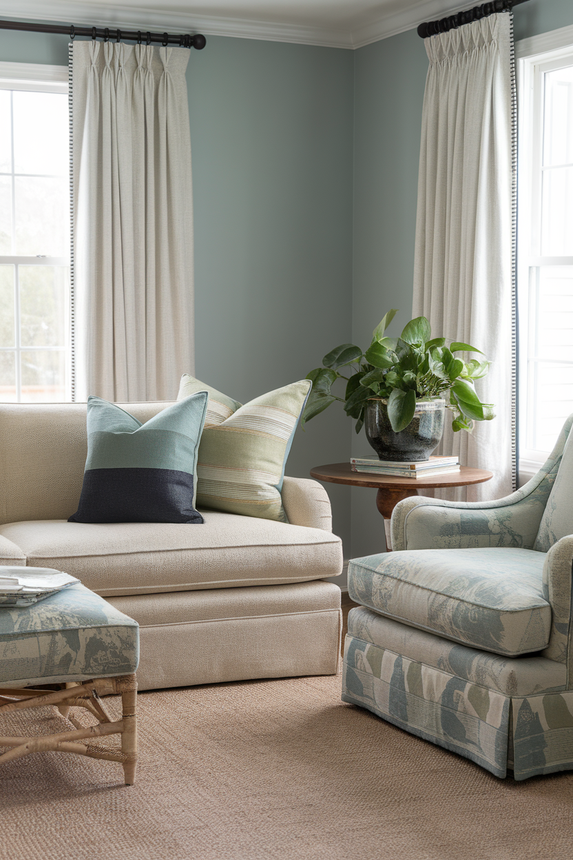 A cozy living room featuring muted patterned cushions, a potted plant, and soft curtains.