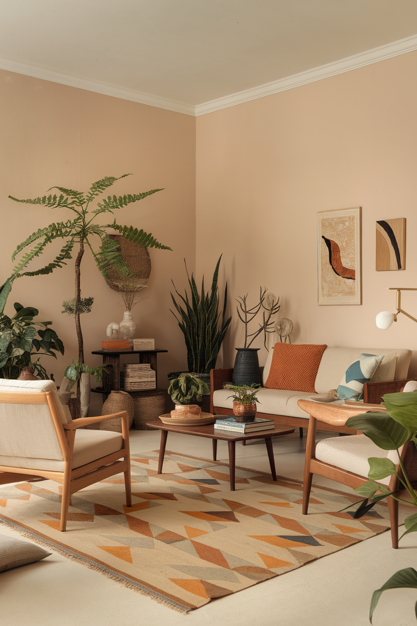 A cozy living room featuring various indoor plants, a neutral color palette, and stylish furniture.
