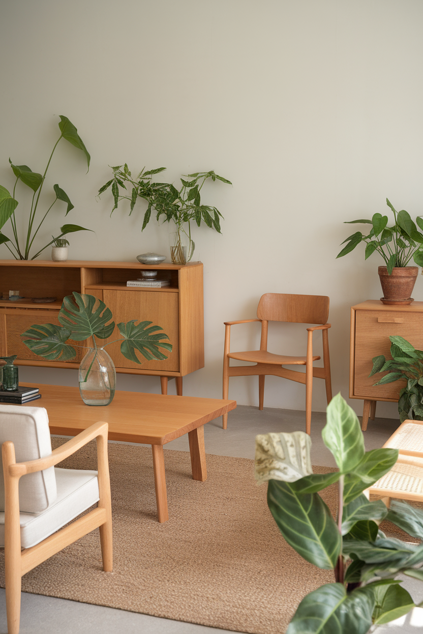 A cozy living area featuring wooden furniture and various indoor plants.