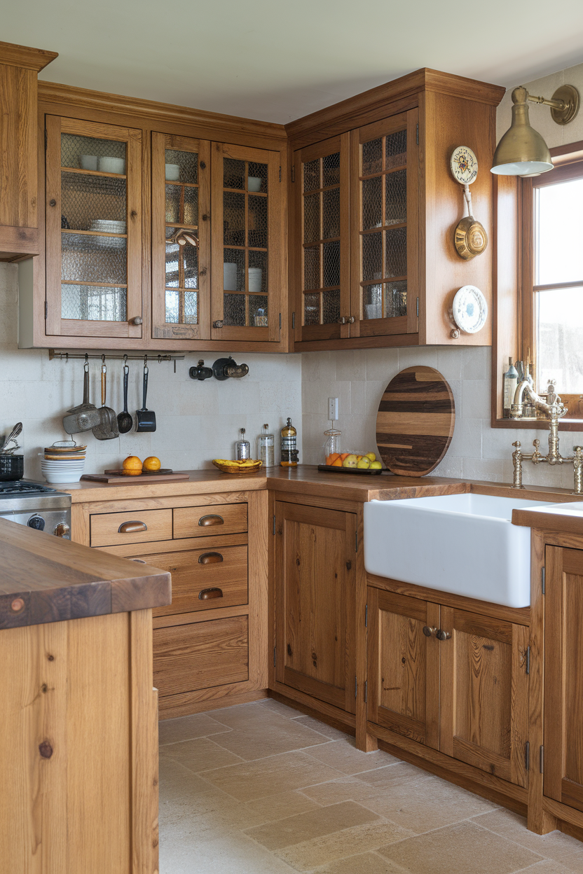 A cozy kitchen with natural wood finishes, featuring wooden cabinets and a farmhouse sink.