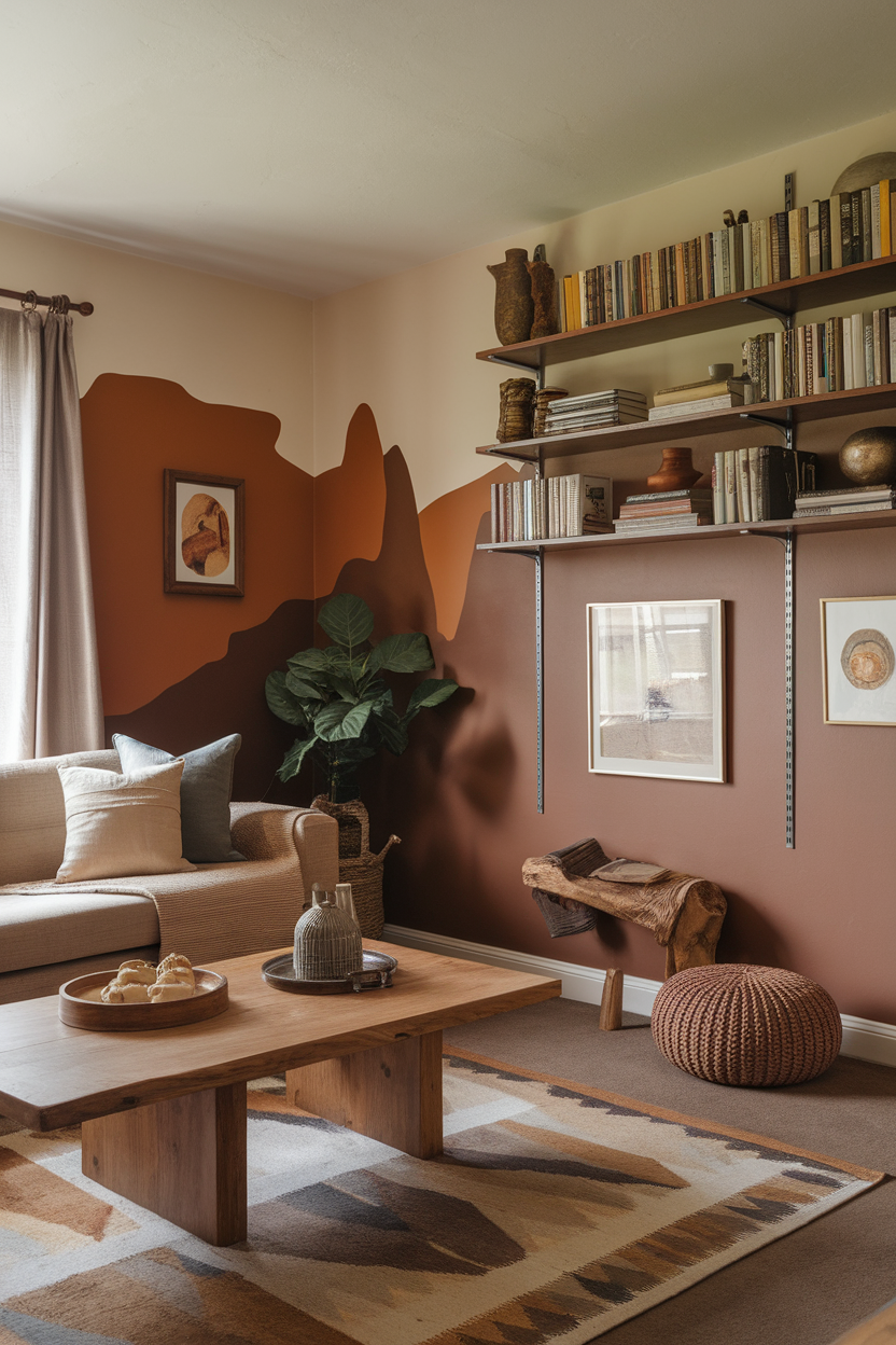 Cozy living room featuring earthy tones and nature-inspired decor.