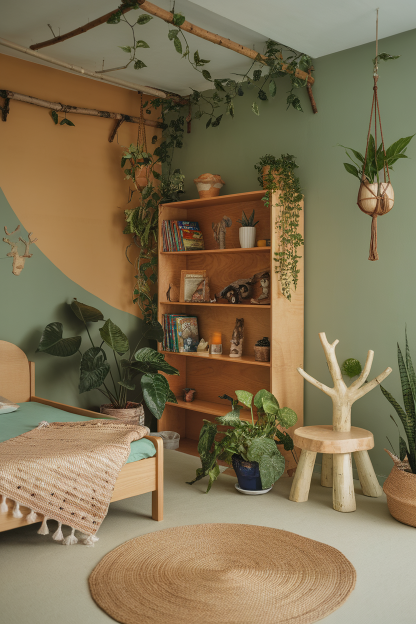 A cozy kids room with nature-inspired decor, featuring plants, wooden furniture, and earthy tones.