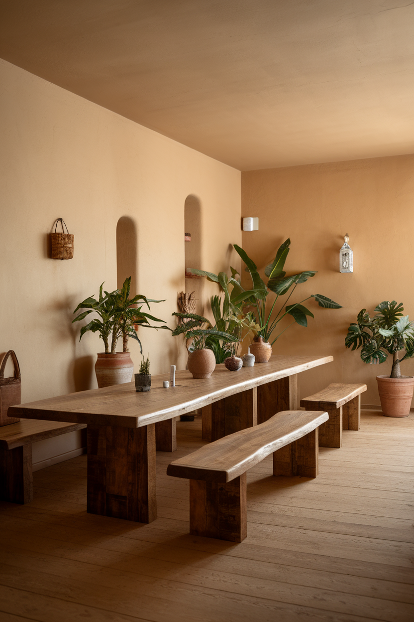 Interior space featuring a wooden table with benches, surrounded by potted plants, creating a natural and inviting atmosphere.