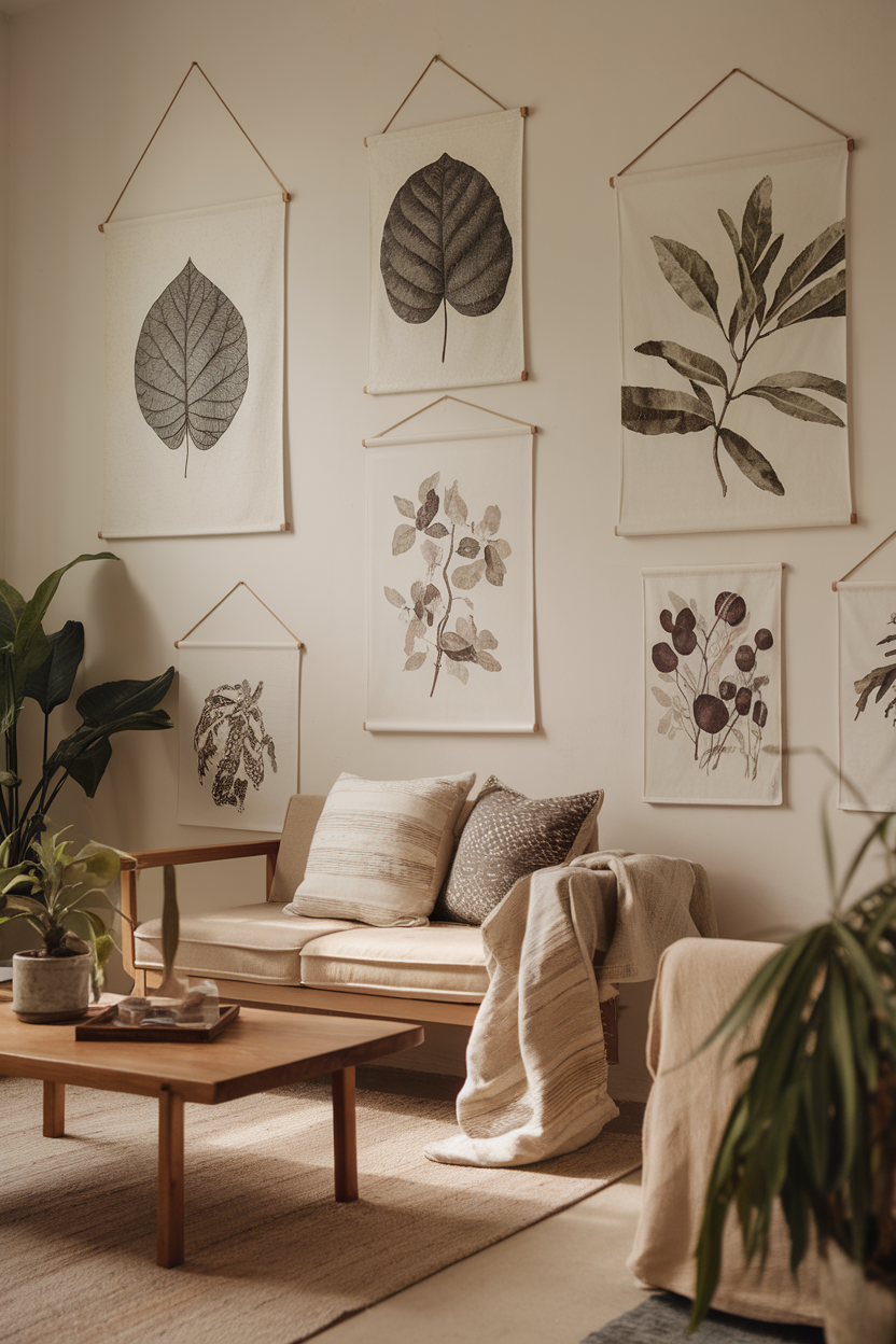 A cozy living room with nature-inspired wall hangings featuring leaf designs.