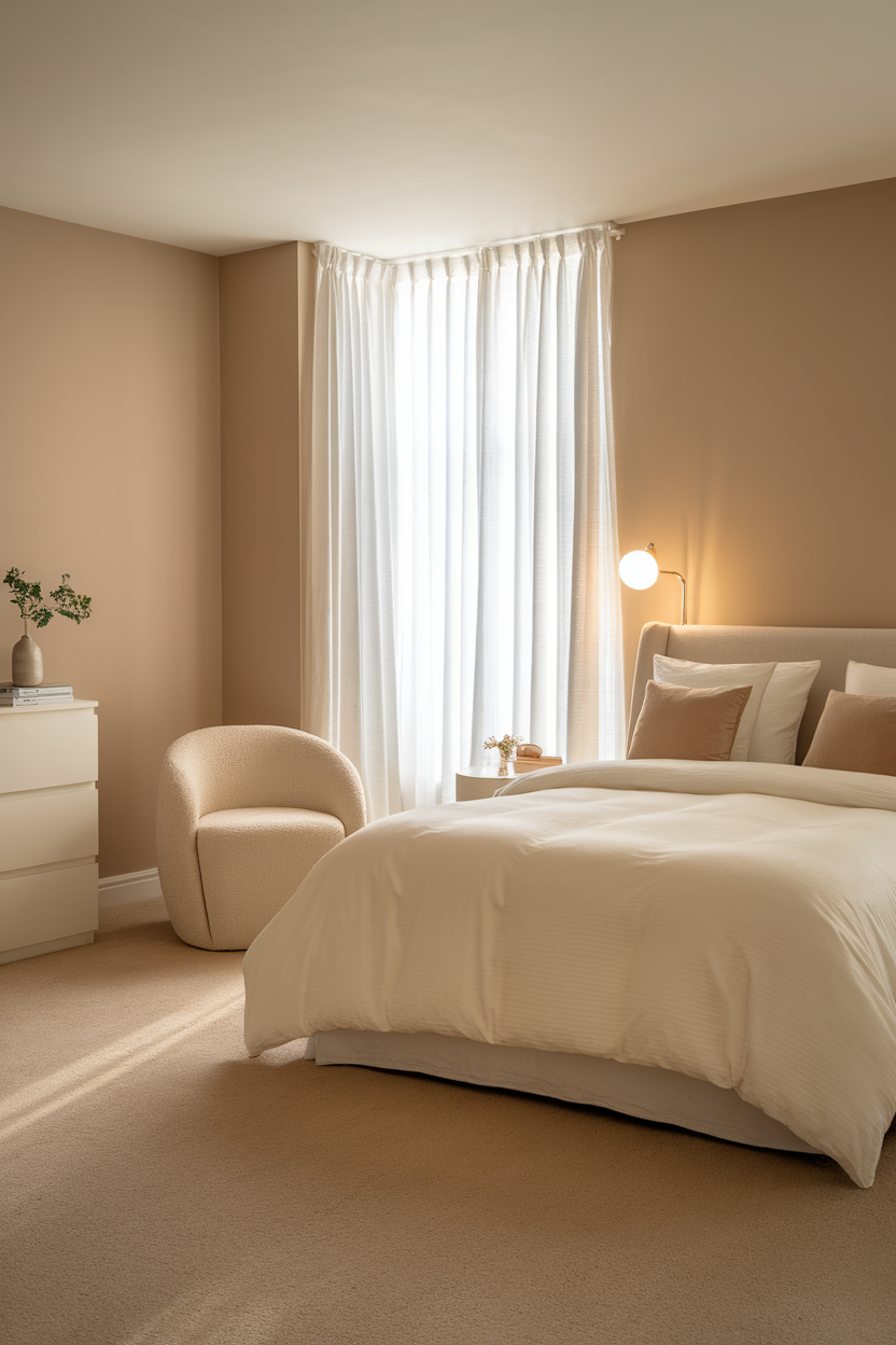 A calming bedroom with neutral tones, featuring a cozy bed, soft chair, and natural light.