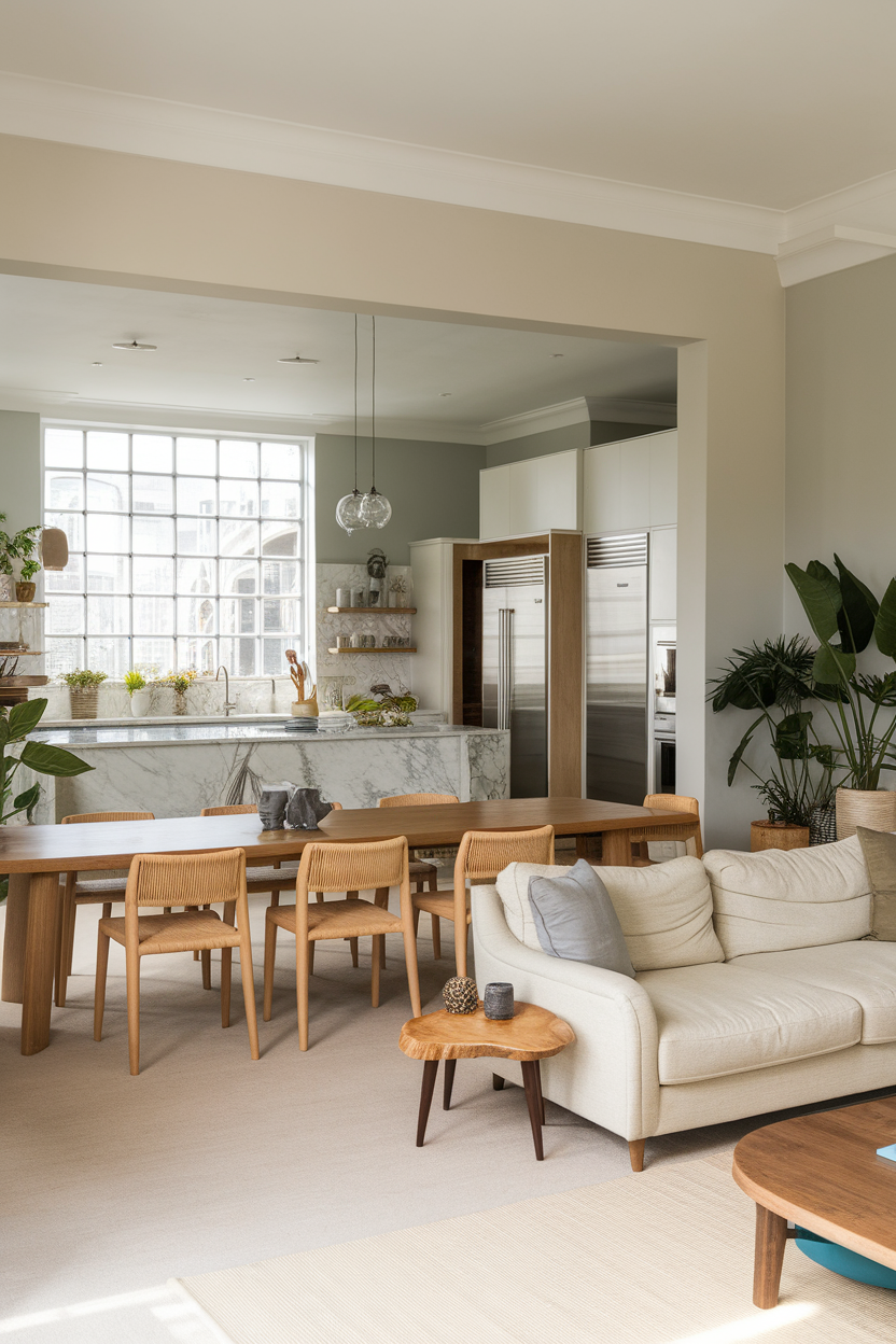 Open concept dining area with a wooden table, chairs, and a cozy living space.