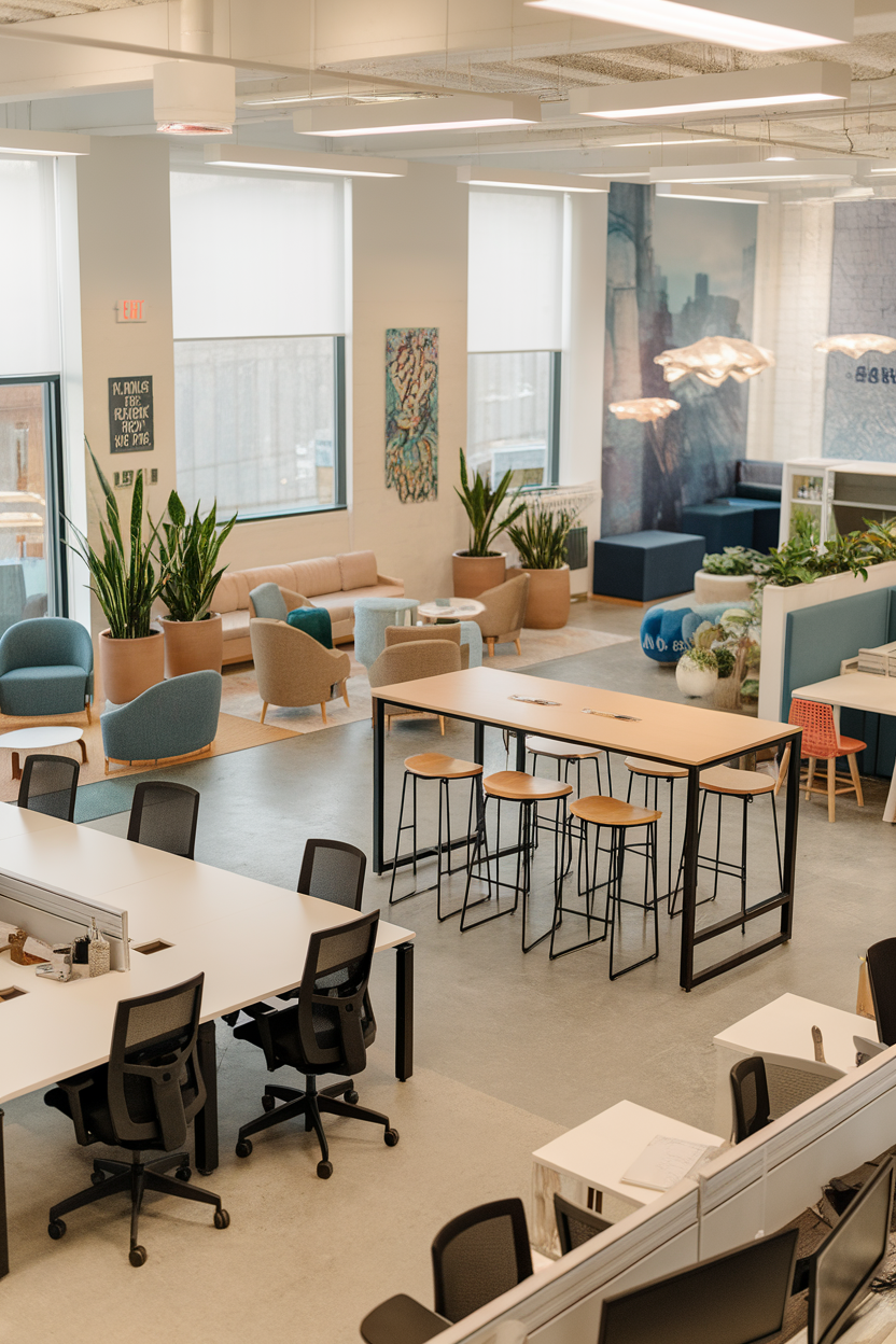 A spacious open concept office with various seating areas, plants, and natural light.