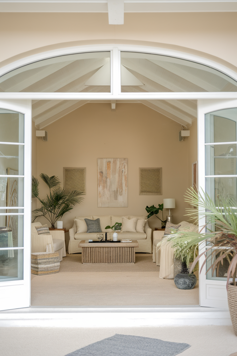 A bright and spacious sitting room with light-colored furniture and plants, showcasing an open layout design.