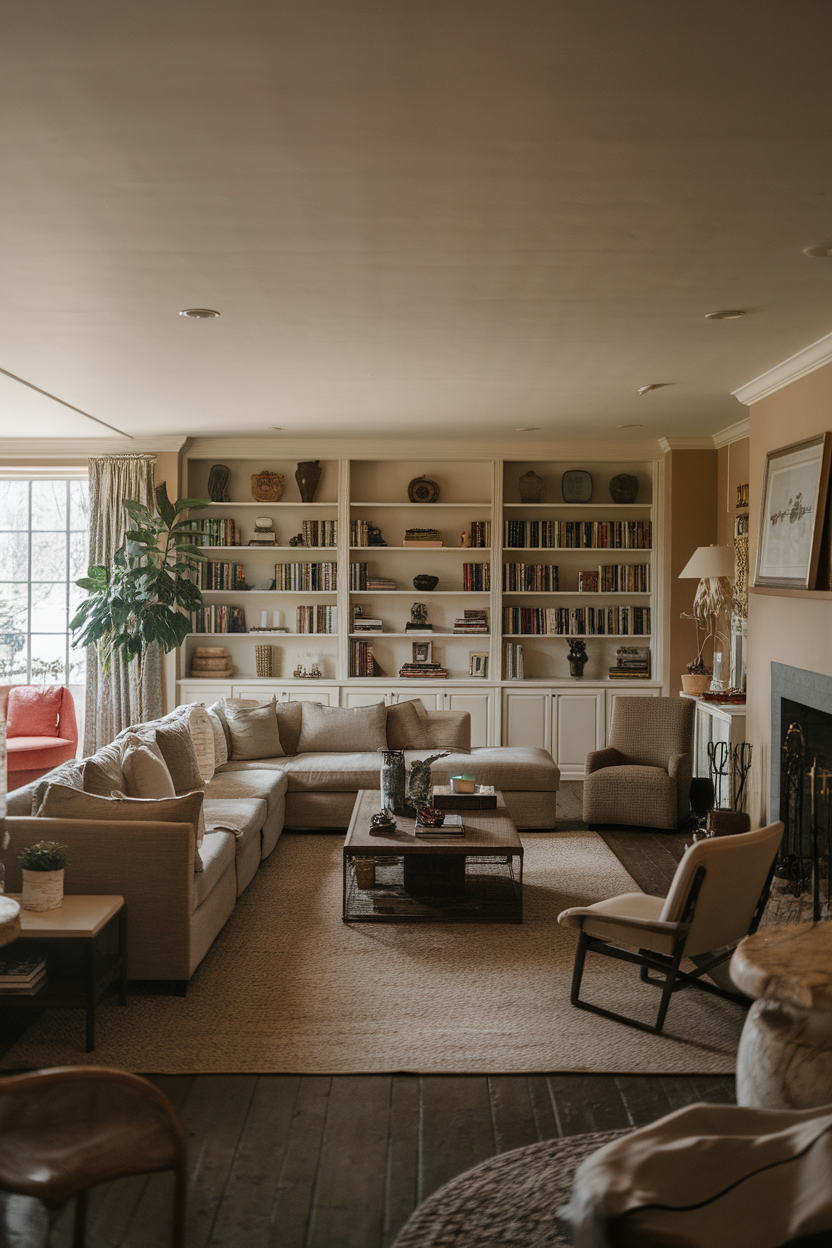 Cozy living room with a sectional sofa and bookshelves in an open layout