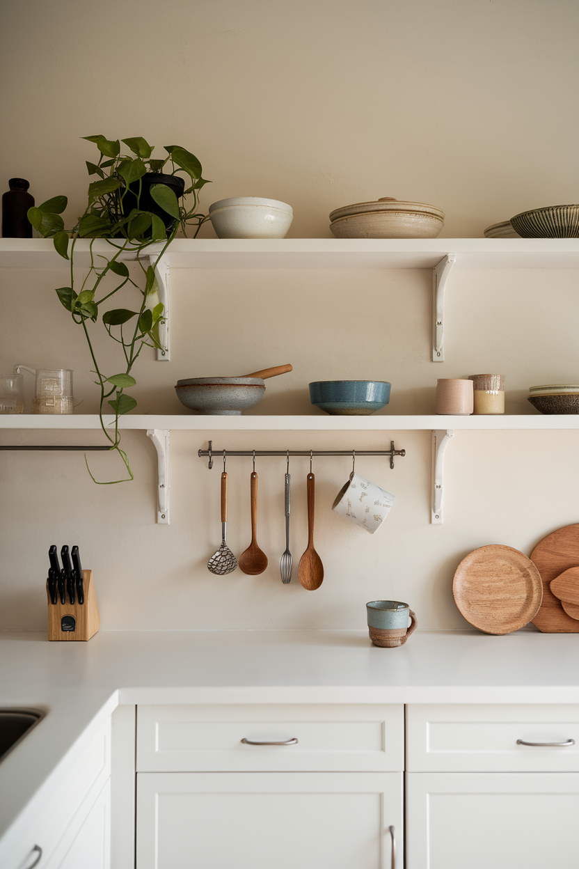 A stylish kitchen with open shelving displaying various bowls, utensils, and a plant.