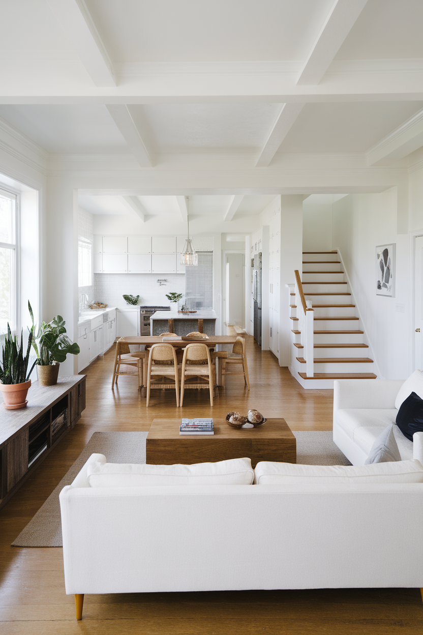 Bright open space featuring a cozy living area and a dining area with wooden furniture.