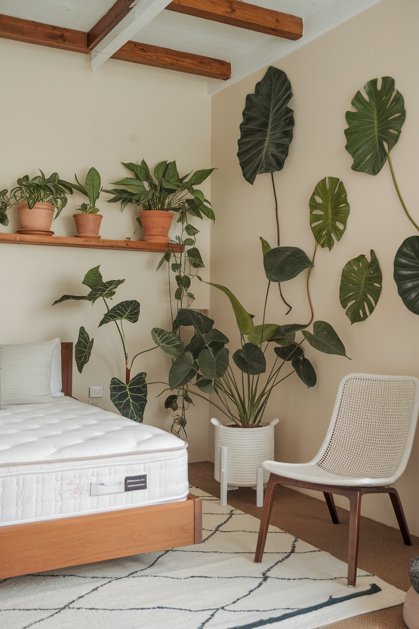A cozy bedroom featuring a bed with a white mattress, surrounded by various indoor plants on shelves and the floor.