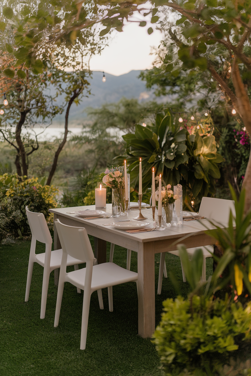 A beautifully set outdoor dining table surrounded by greenery and lights, creating a warm atmosphere.