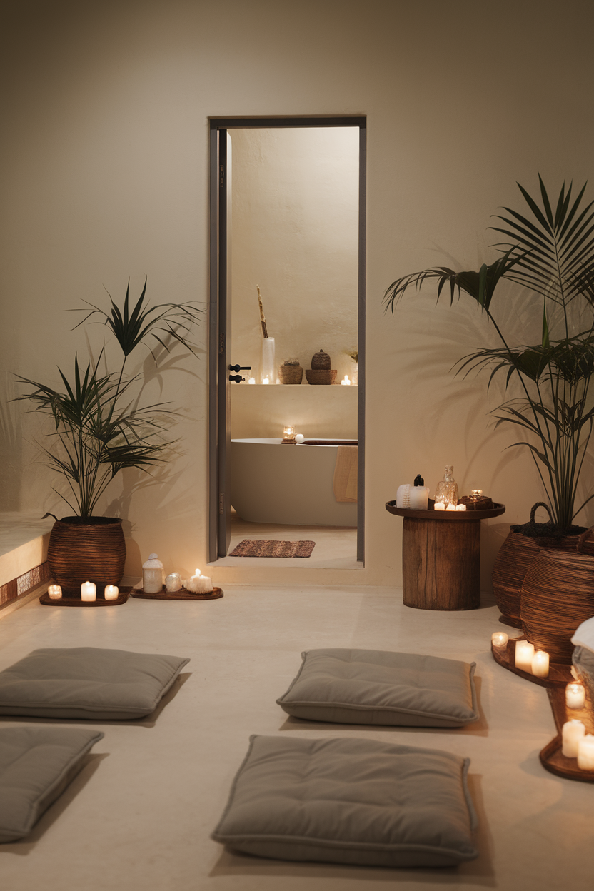 A calming personal spa retreat with cushions, candles, and plants.