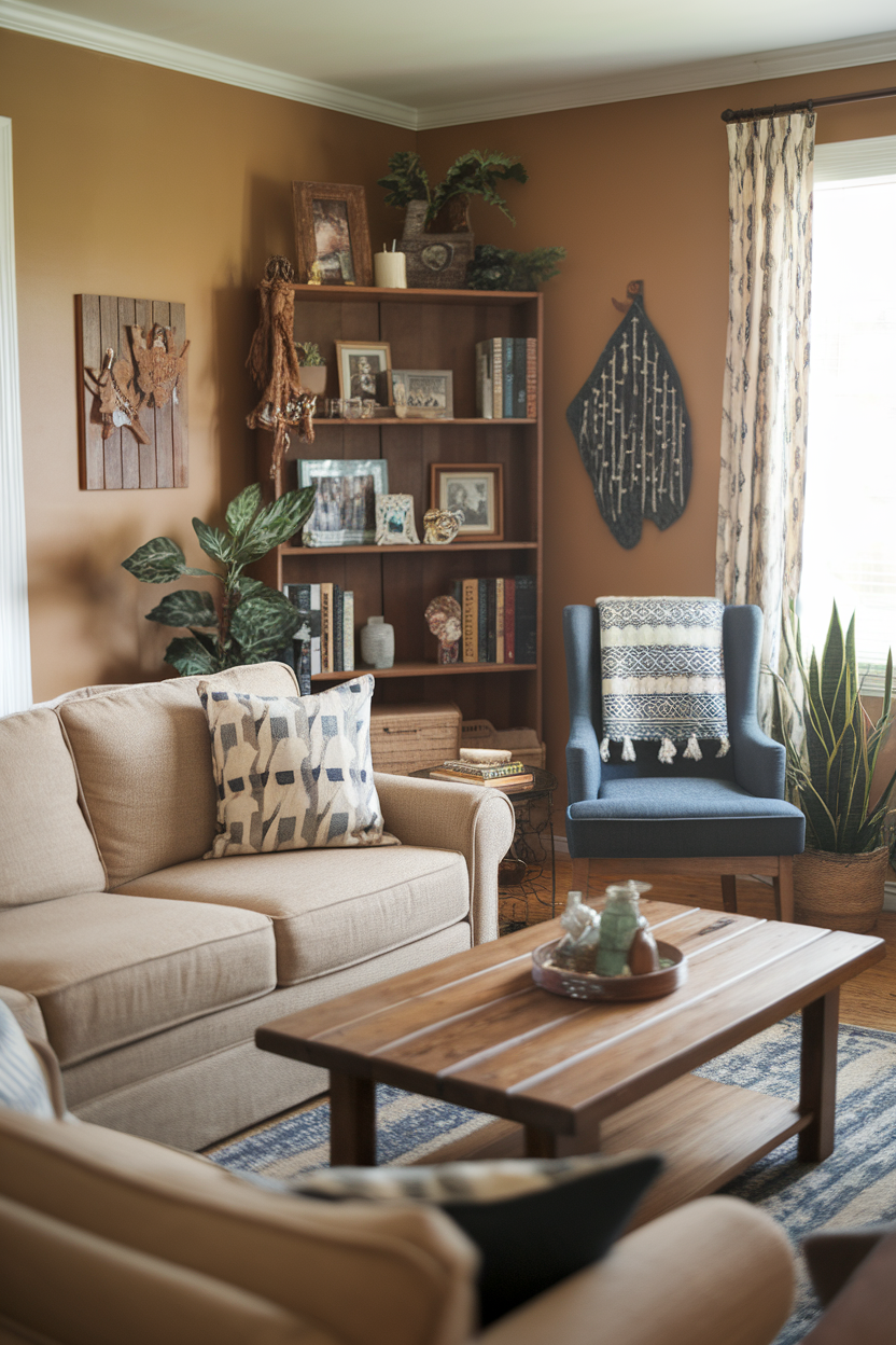 A cozy living room with a beige sofa, blue accent chair, and wooden coffee table, decorated with personal items and plants.