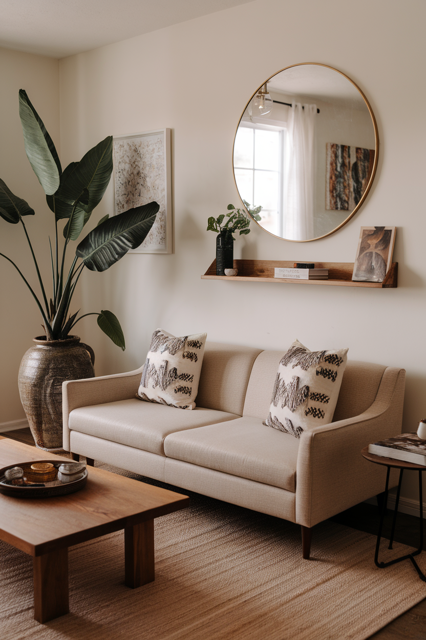 A cozy living room with a beige sofa, decorative pillows, a wooden coffee table, plants, and a round mirror.