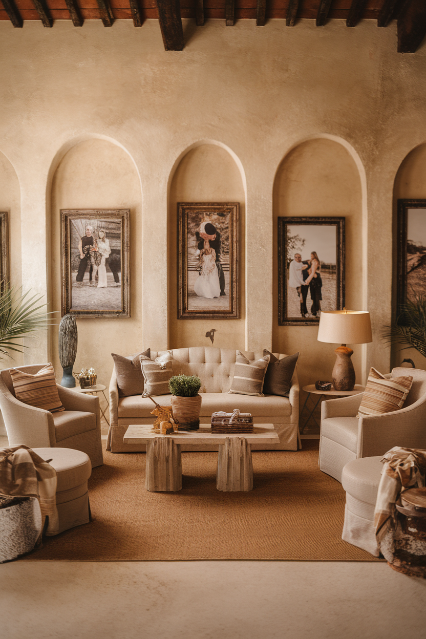 A cozy sitting room decorated with family photos in elegant frames.