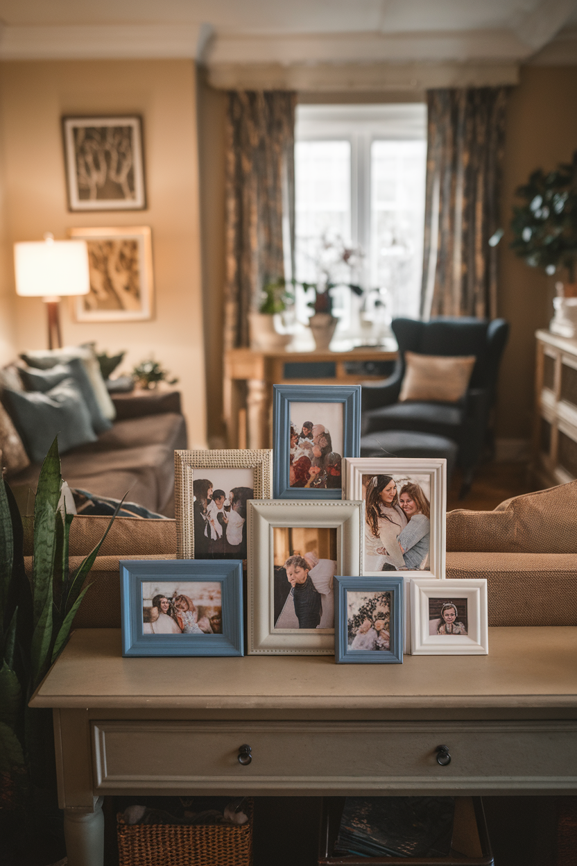 A cozy living room with a collection of family photos displayed in various frames on a table.