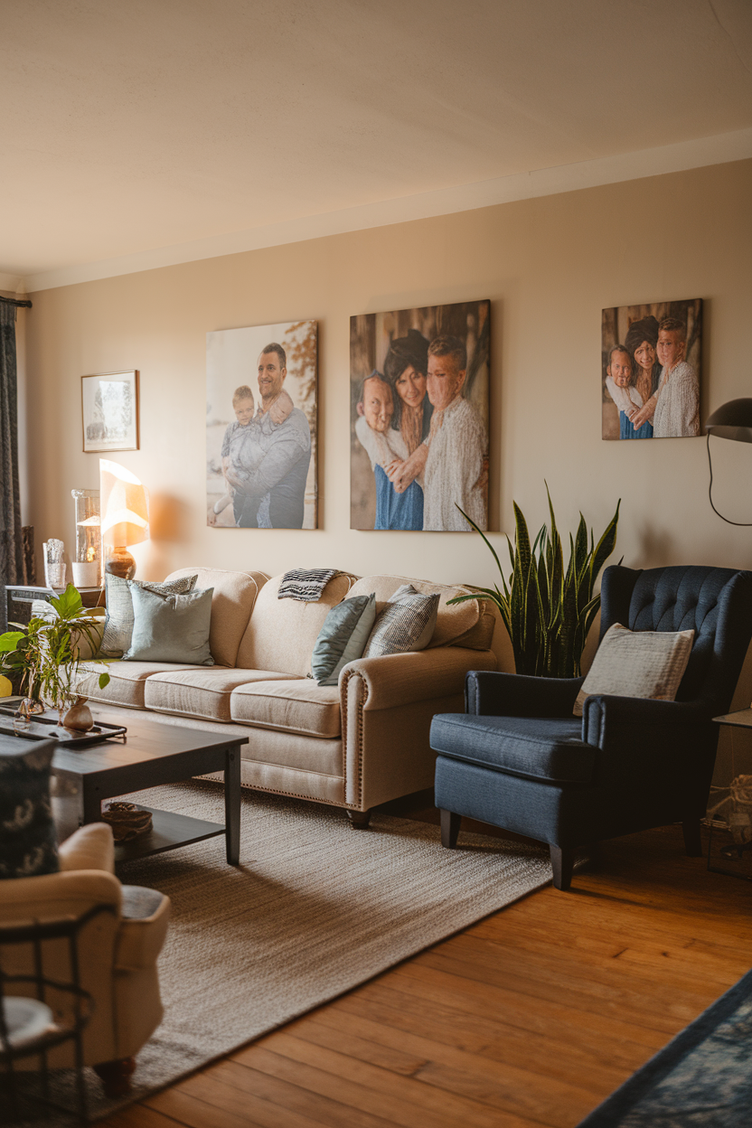 A cozy living room featuring personalized family portraits on the wall, complementing the inviting decor.