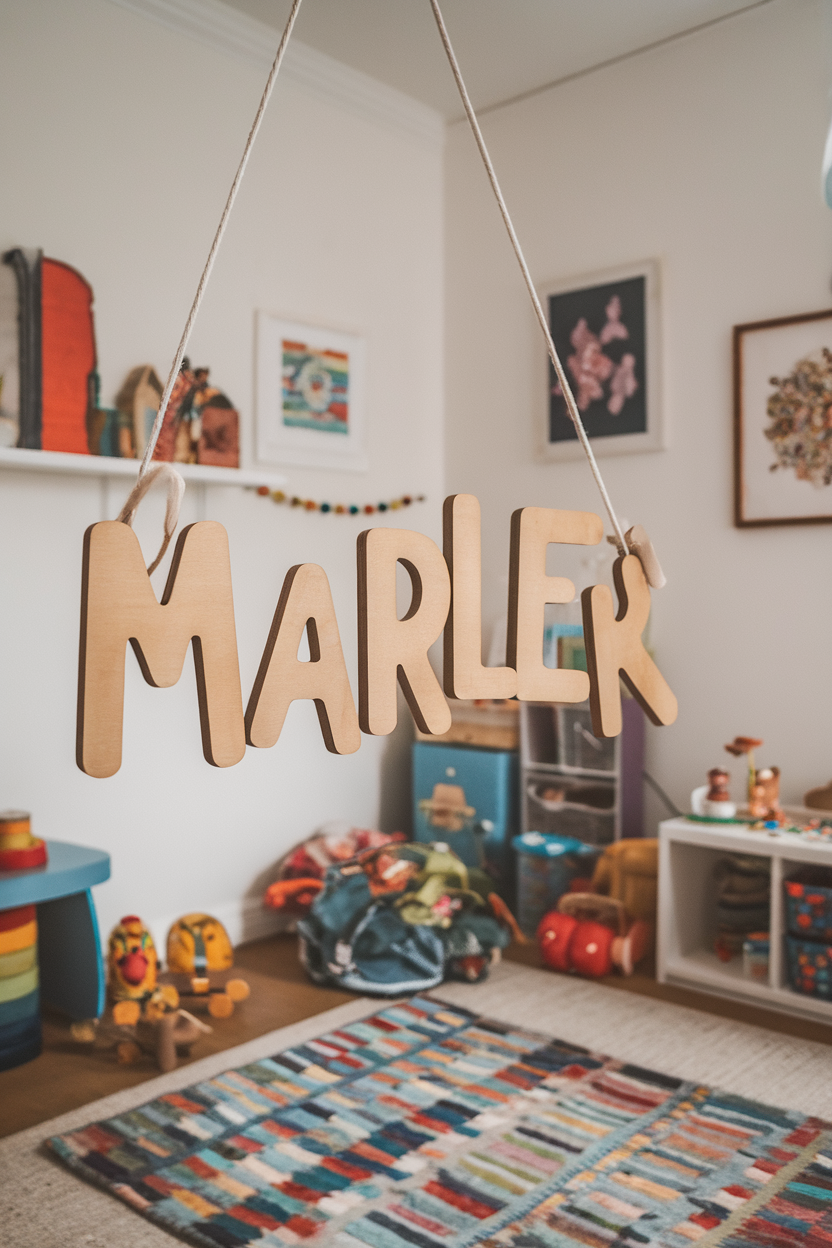 A wooden name sign saying 'MARLER' hanging in a colorful kids room