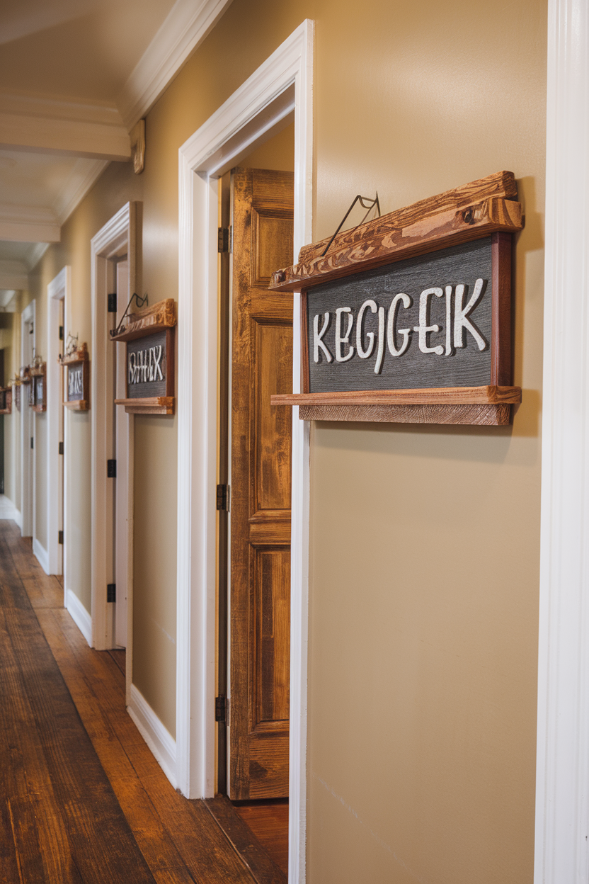 Hallway with wooden nameplates hanging on doors