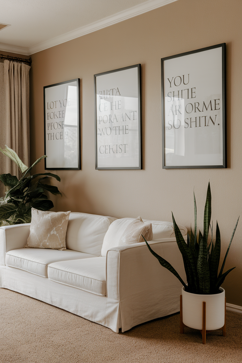 Living room with a white sofa, decorative pillows, and framed inspirational quotes on the wall.
