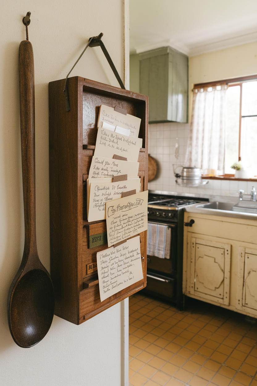 A wooden recipe board hanging on a wall, holding handwritten recipe cards in a cozy kitchen setting.