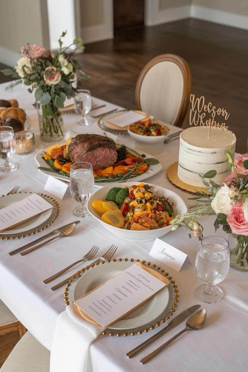 A beautifully arranged table setting with name cards, elegant plates, and a variety of delicious dishes.