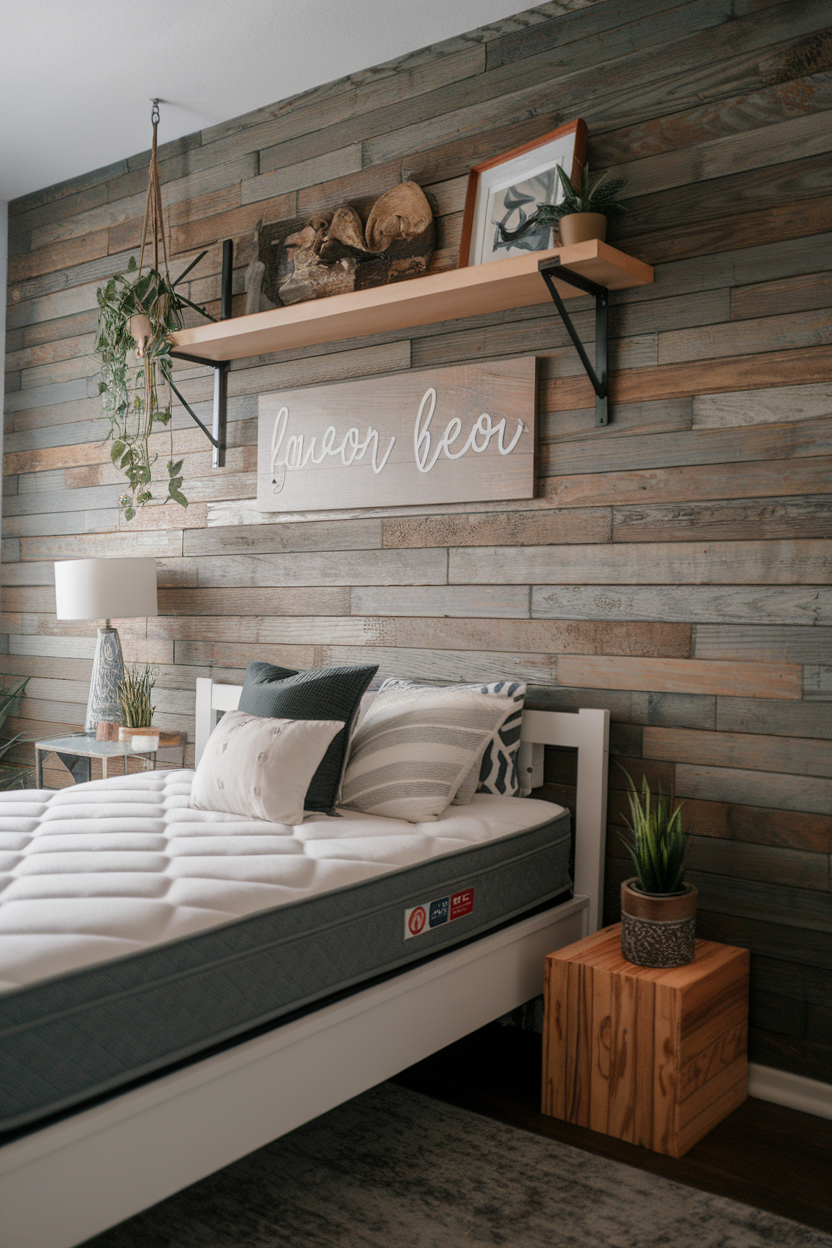 A cozy bedroom featuring a wooden accent wall, decorative shelf, and a mix of cushions on a bed.