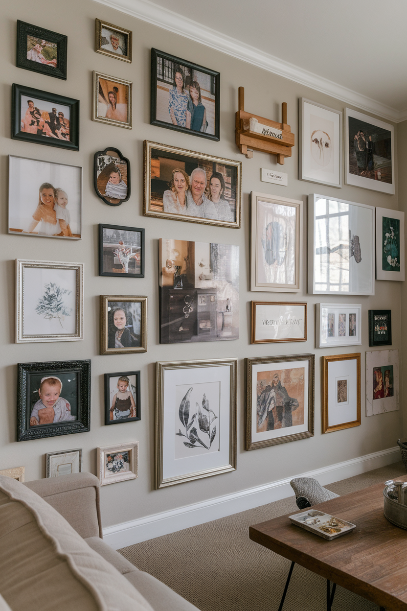 Wall gallery with various framed photos and artwork arranged creatively.