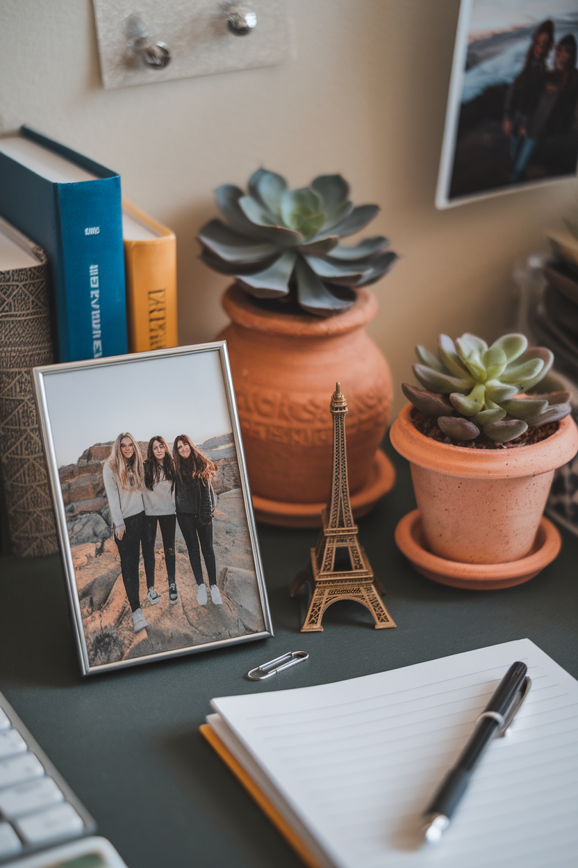 A desk with a framed photo of three friends, succulents in terracotta pots, and decorative items.