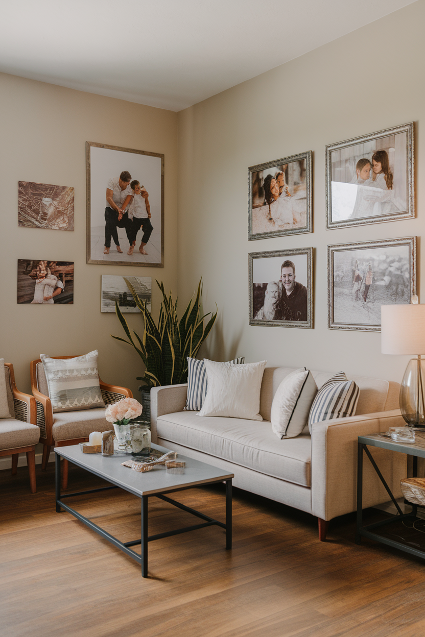 A cozy living room with family photos on the walls, a comfortable sofa, and natural plants.