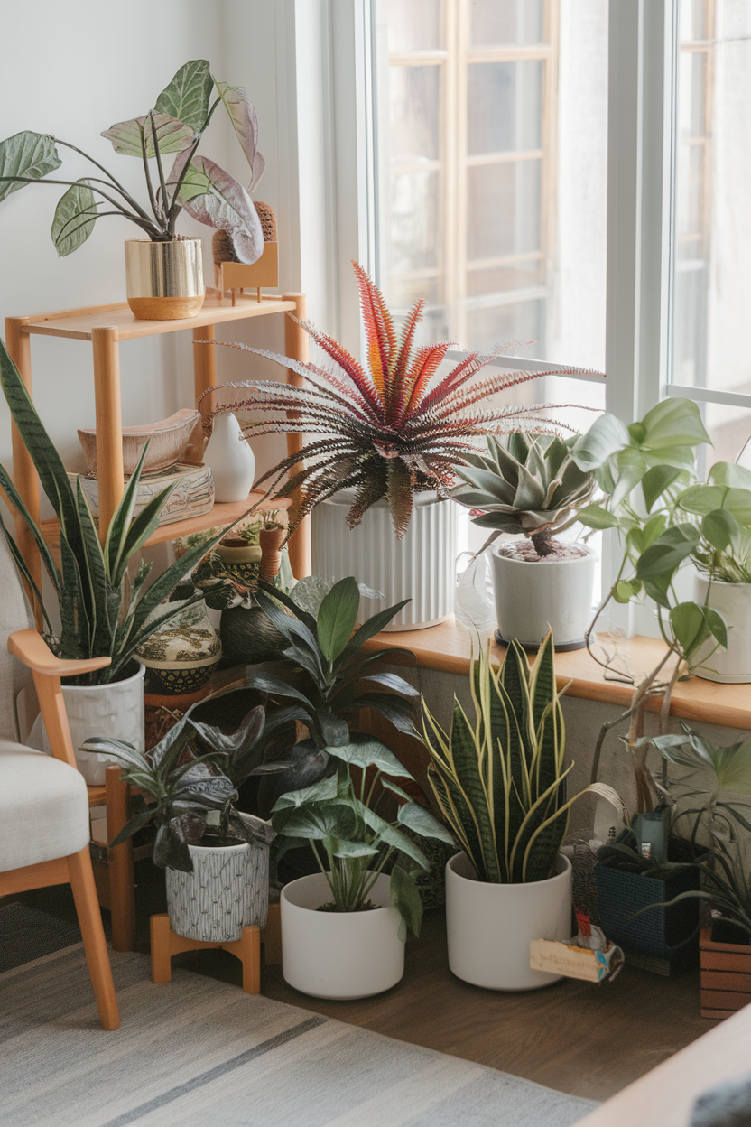 A cozy plant corner featuring a variety of potted plants in a sunlit space.
