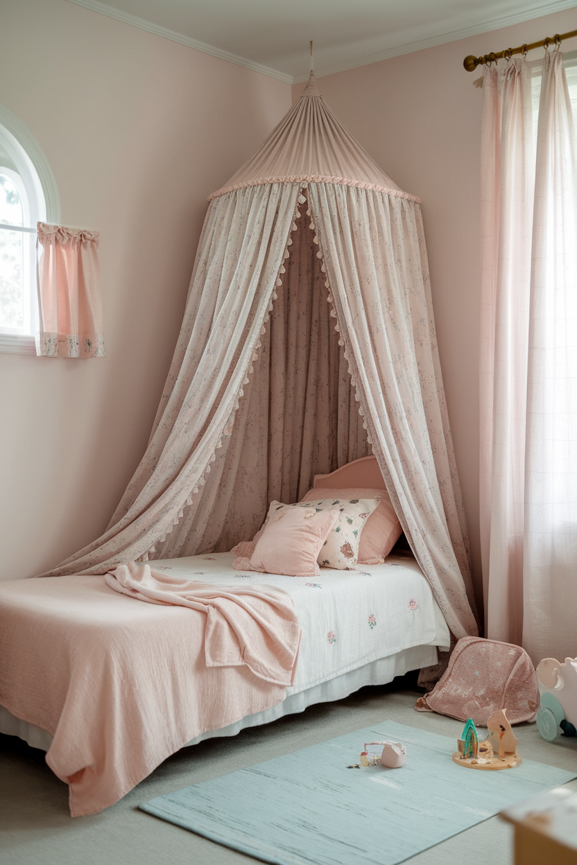 A pink bed canopy over a bed, creating a cozy and playful atmosphere in a child's room.