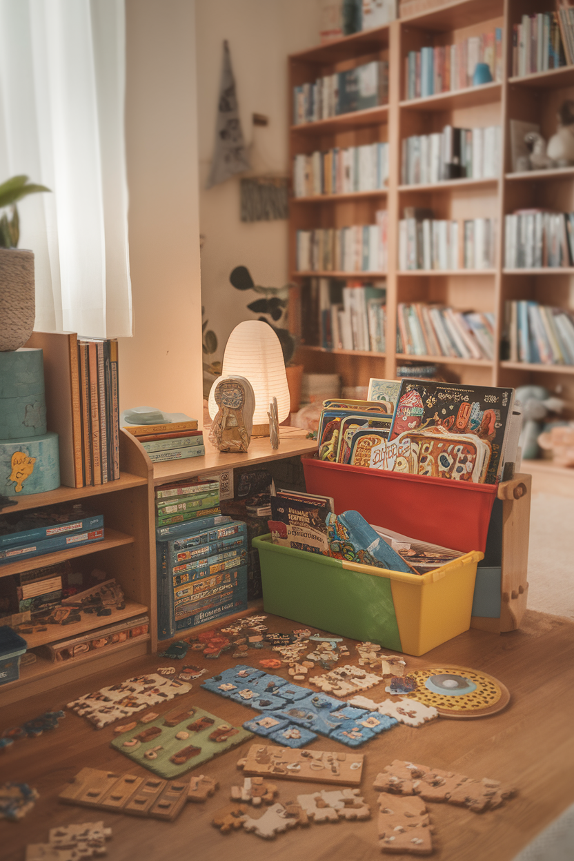 A cozy kids room corner with puzzles scattered on the floor and colorful storage bins for games.