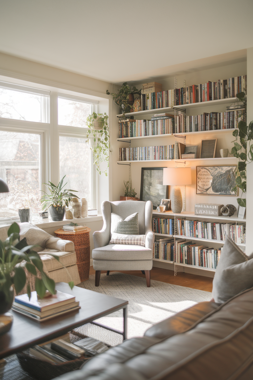 A cozy reading nook with a comfy chair, bookshelves filled with books, and plants.