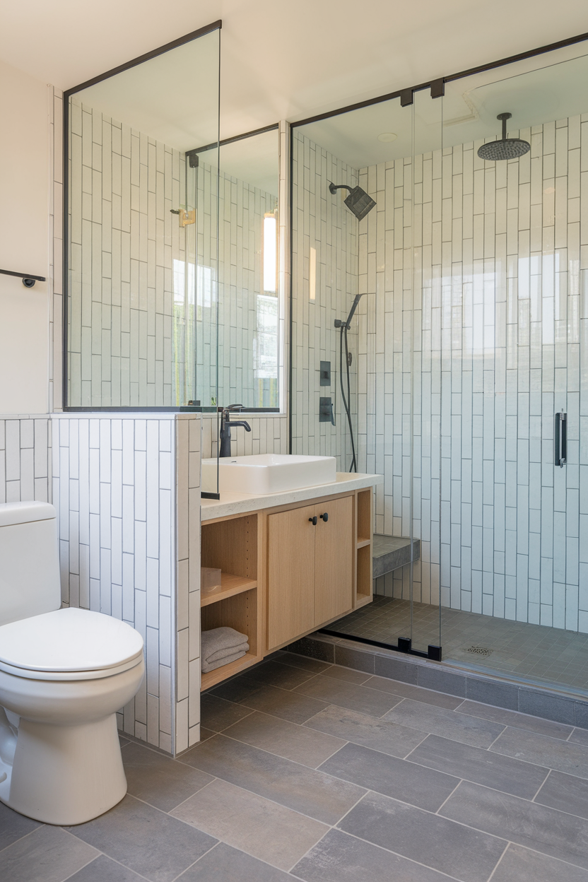 Modern bathroom with a glass shower enclosure and minimalist design.
