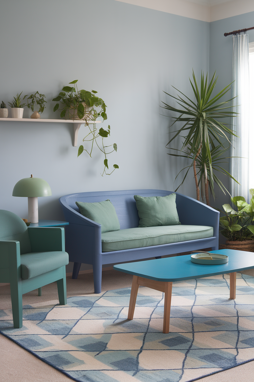 A cozy living room with blue and green furniture, plants, and a light rug, creating a relaxing atmosphere.