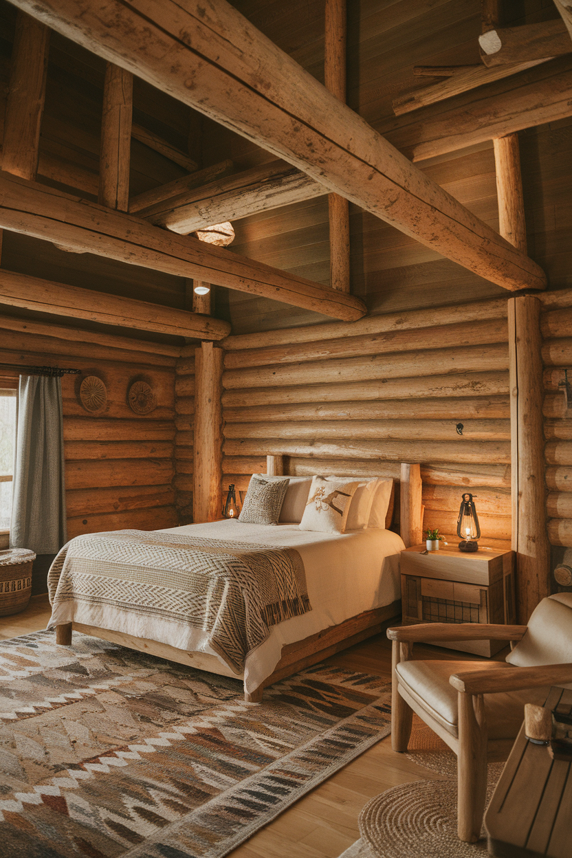 Interior of a rustic cabin featuring wooden elements and a cozy bedroom setup.
